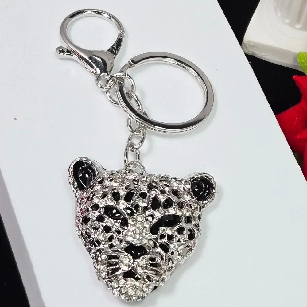 Silver Leopard Head Rhinestone Bag Charm Keychain Black Crystal Animal Keyring